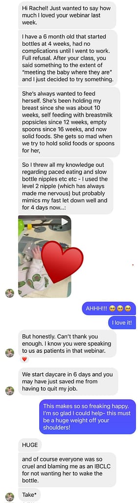 screenshot of another instagram conversation with an IBCLC discussing bottle refusal and how Rachel helped her