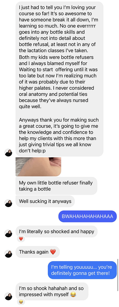 screenshot of an instagram conversation with an IBCLC discussing bottle refusal with her own baby