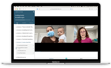 a laptop showing a screenshot inside an online course and a virtual meeting between Rachel and a mother and baby who is refusing the bottle