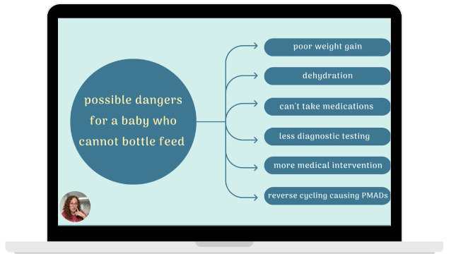 a laptop screen showing a slide about the dangers of a baby who cannot take a bottle to feed